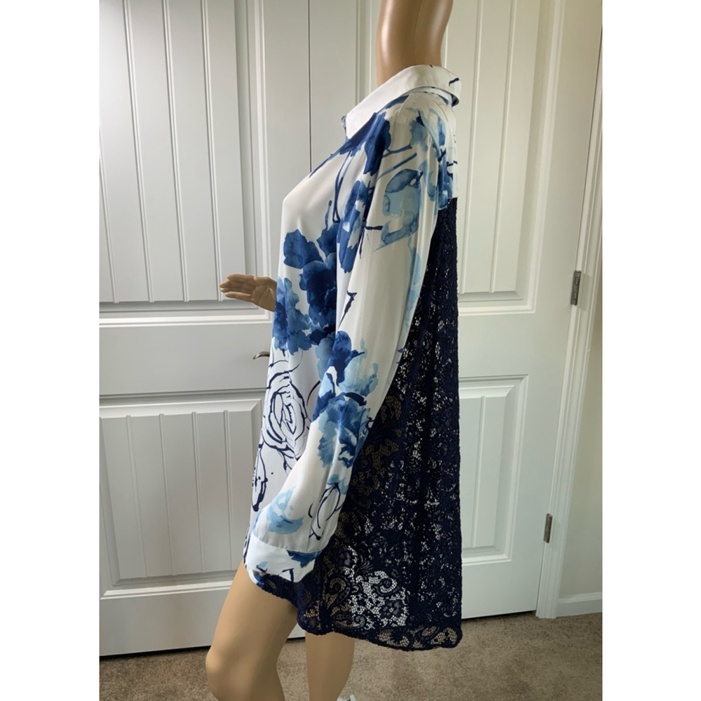 Dennis Basso Floral Button-Up Shirt Sz Med White/Blue Lace Back Eclectic Grandpa - Picture 9 of 11